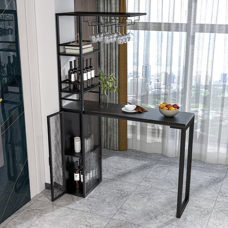 Double Pedestal Pub Table Rectangle Glam Bar Table with Wine Rack