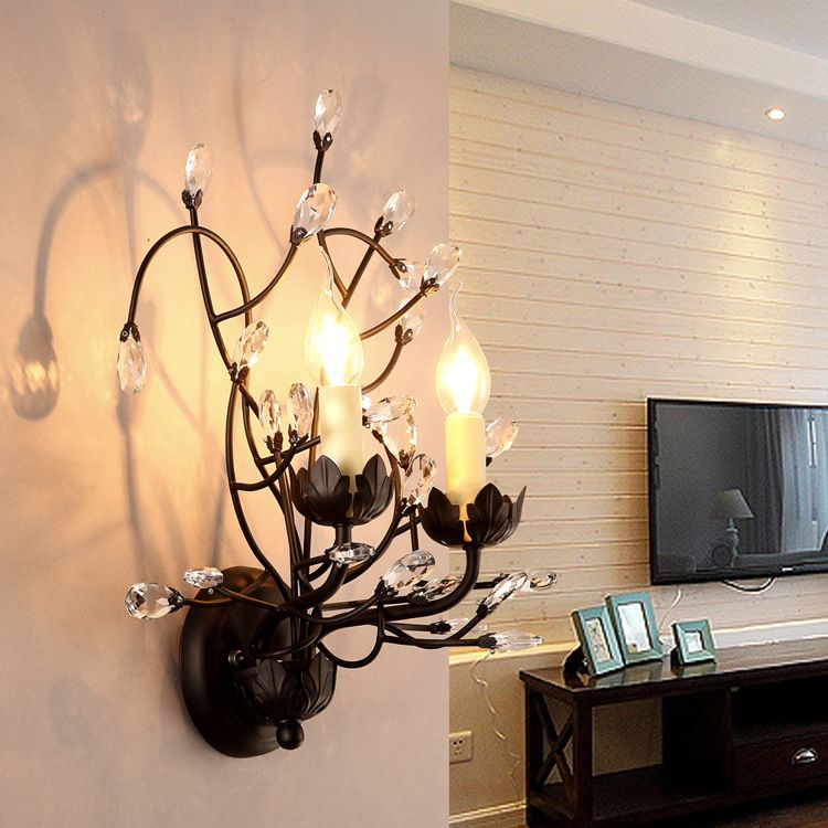 Crystal Candle Shape Wall Sconce Modern Style 2 Lights Wall Light Fixture in Black