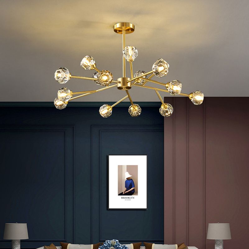 15-Light Dimmable Sputnik Chandelier Modern Linear Gold Ceiling Light With Crystal Shade