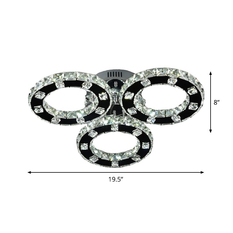 Simple LED Ceiling Light Fixture Stainless-Steel 3-Ring Semi Mount Lighting with Cur Crystal Shade