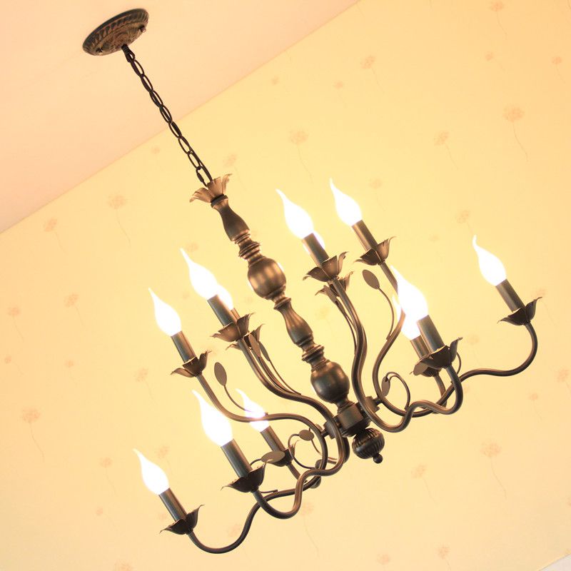 2-Layers Traditional Style Candlestick Styling Chandelier Black Wrought Iron Vintage Lighting Fixture for Living Room