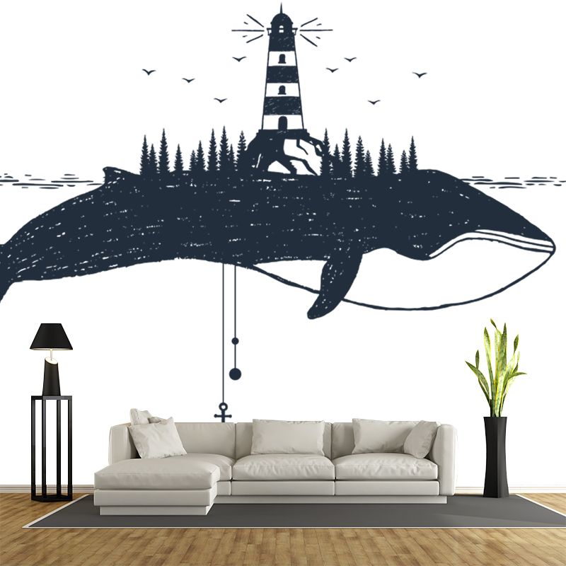 Black-White Modern Wall Mural Full-Size Tower on Whale Wall Covering for Accent Wall
