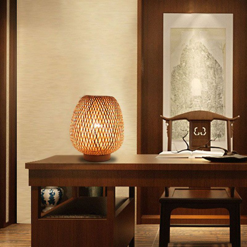 Lantern Nightstand Lamp Contemporary Handwoven Bamboo Single-Bulb Restaurant Table Light in Wood