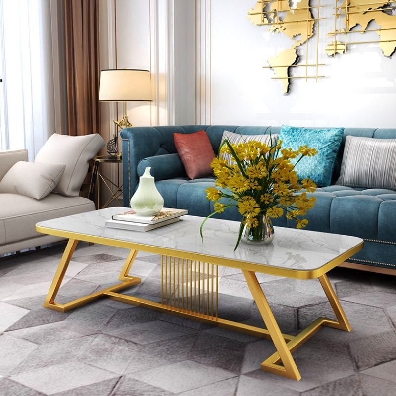 Stone Top Cocktail Table Glam Trestle Iron Base Coffee Table