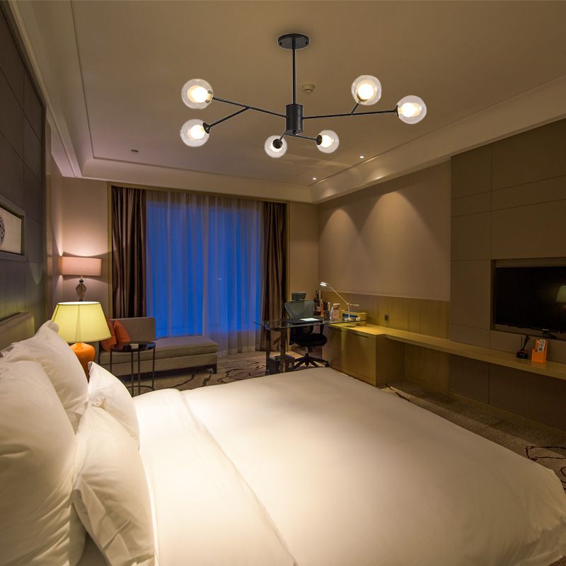 Globe Clear Glass Chandelier Lamp Contemporary 6/9 Lights Black/Gold Hanging Ceiling Light Fixture with Starburst Design