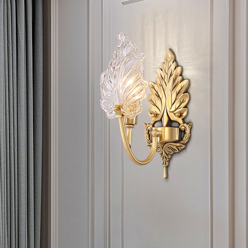 Lampada con foglie di palme tradizionale 1/2 luci trasparenti l'illuminazione della parete di vetro con braccio arcuato in ottone