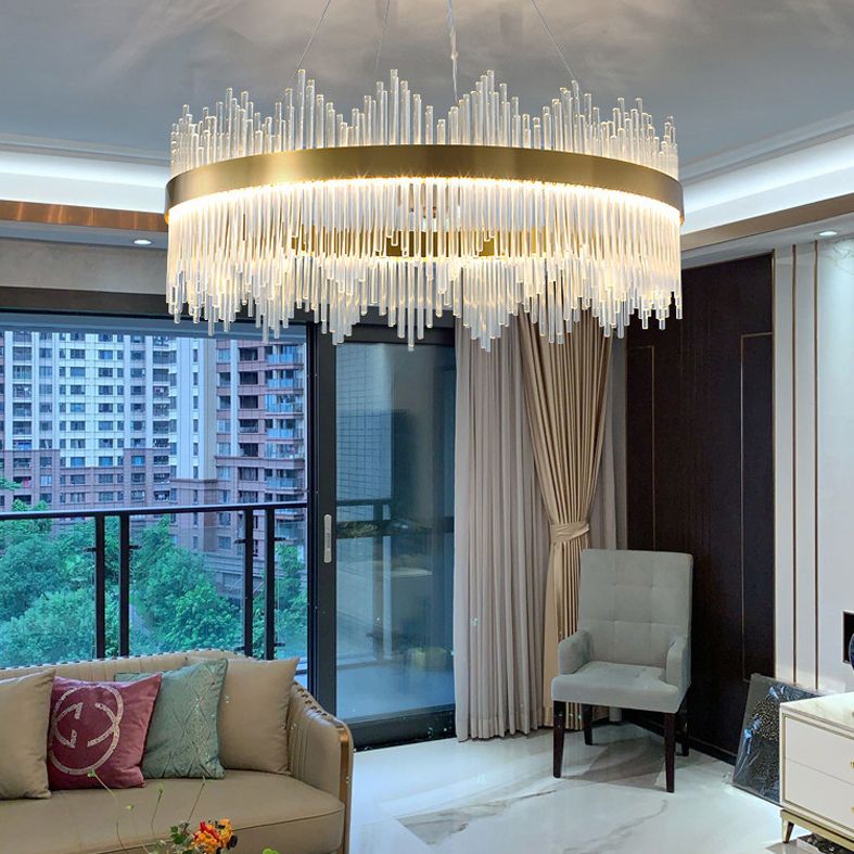 Modern Simplicity Drum Pendant Chandelier Clear Crystal Glass Hanging Light Fixture for Living Room