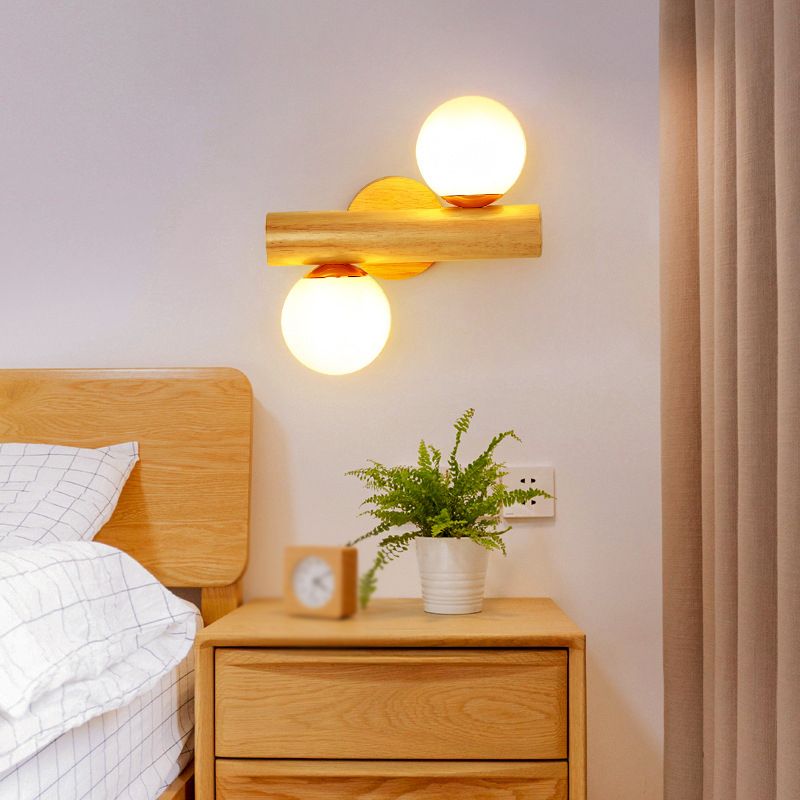 Contemporary Wood Wall Light White Glass Shaded Lighting for Hallway