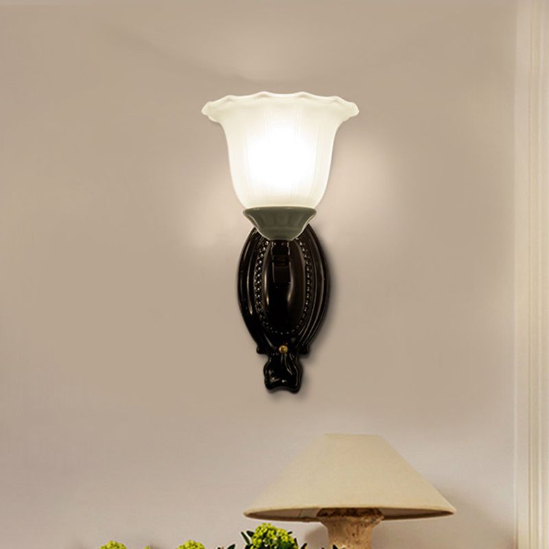 1/2-Light Sconce Retro Style Bedroom Wall Mount Lighting with Scalloped Bell Frosted Glass Shade in Black