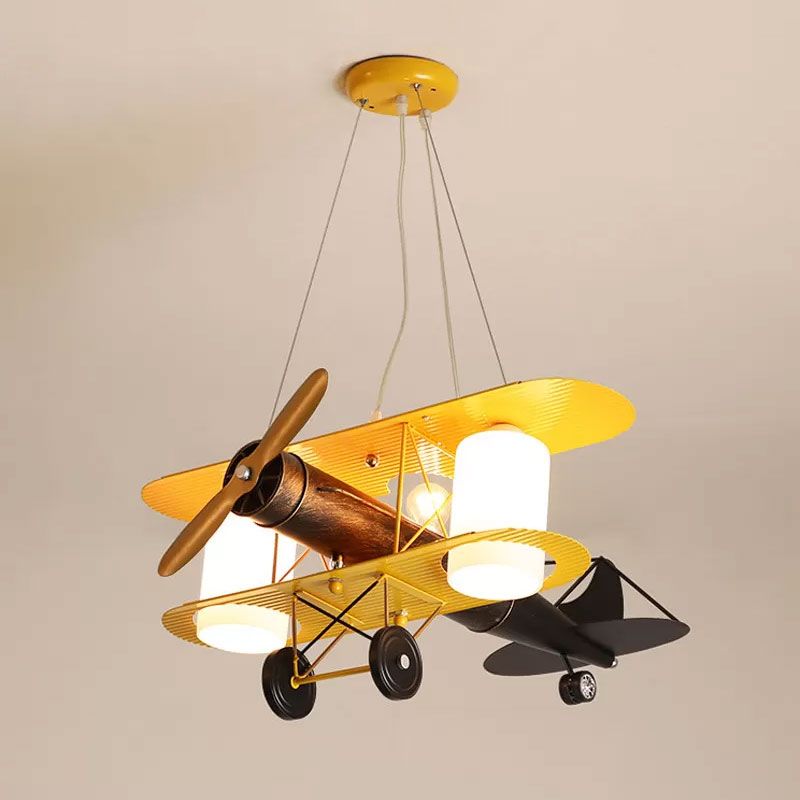 Aircraft Shaped Metal LED Lighting Fixture Modern Yellow Chandelier Light for Child Room