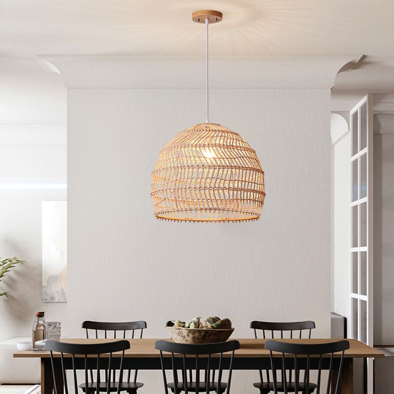 Basket Pendant Lighting Fixture Asian Rattan Beige Hanging Light Fixture for Restaurant