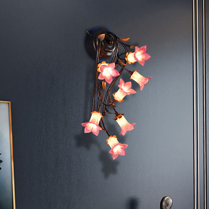 Rustic Blossom Wall Mounted Lamp 7 Lights White/Green/Purple Glass Sconce Gold for Living Room