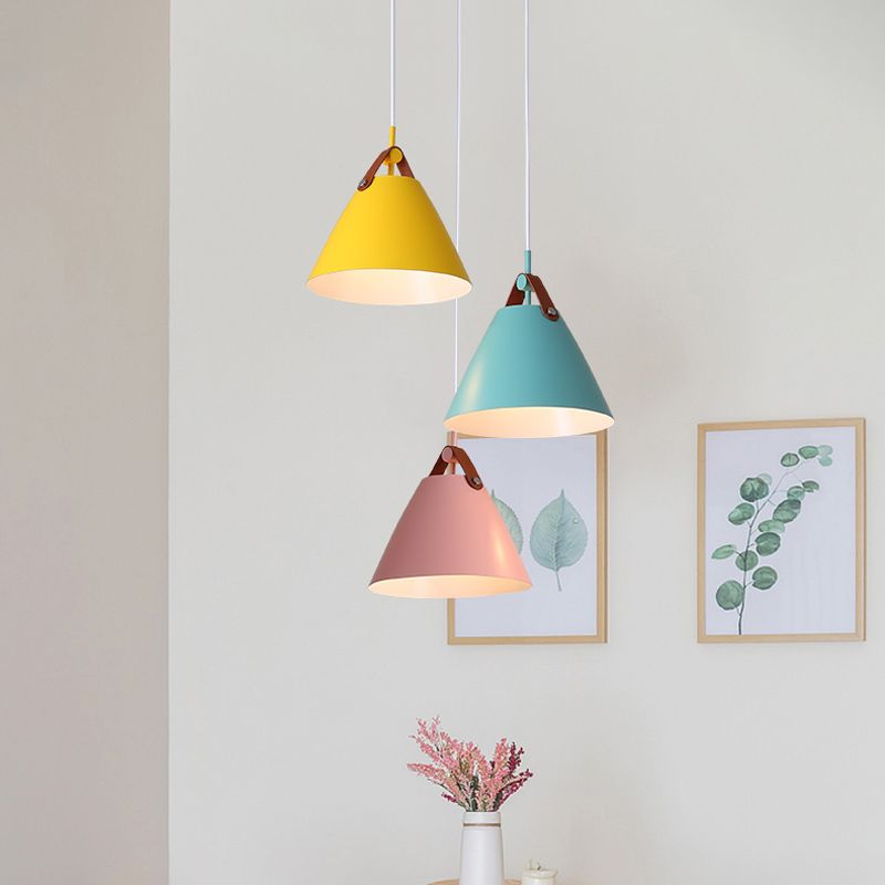 Frustum Shaped Metal Hanging Light Macaron 3 Bulbs Blue-Pink-Yellow/Black-Grey-White Pendant Lamp in Warm/White Light, Round/Linear Canopy