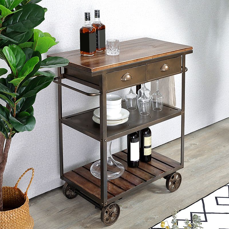 35.43" High Rolling Industrial Kitchen Trolley Wooden Kitchen Trolley for Dining Room