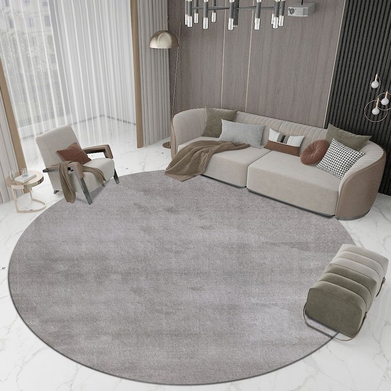 Round Gray Color Plain Rug Polyester Contemporary Anti-Slip Backing Indoor Rug for Living Room