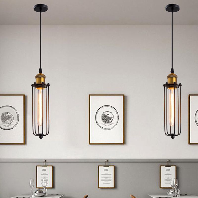 Vintage Industrial Cylindrical Wire Cage Pendant Light Black Metal Suspension Light for Living Room