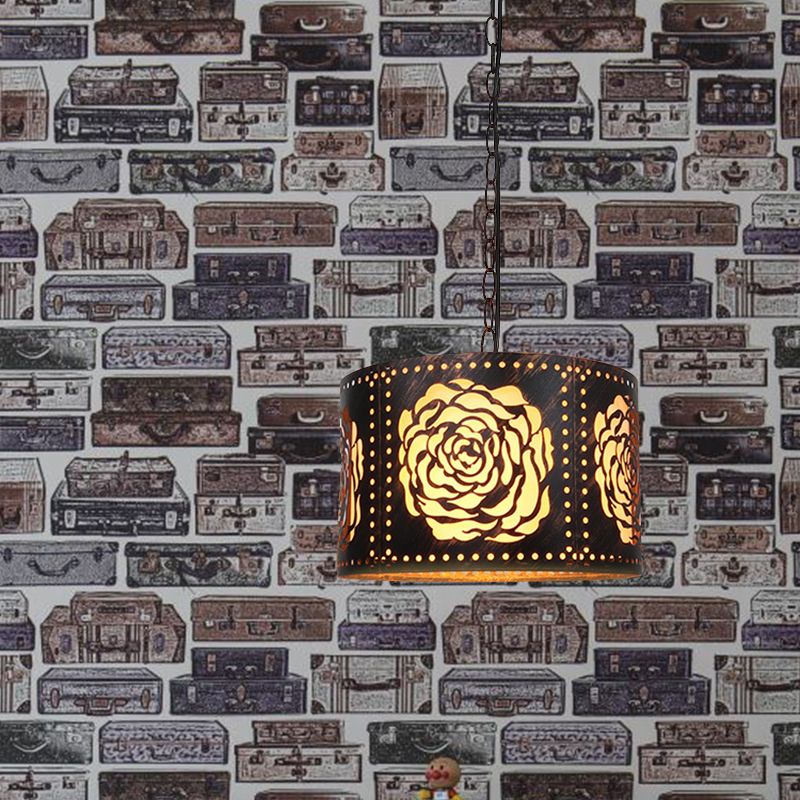 Antiqued Bronze 1-Light Drop Pendant Rustic Metal Cutouts Rose/Scrollwork Drum Shape Hanging Ceiling Light