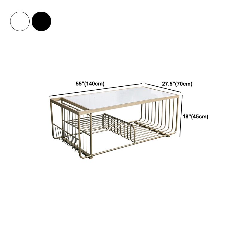 Rectangle Cocktail Table with 3 Iron Shelves and Marble Top Coffee Table