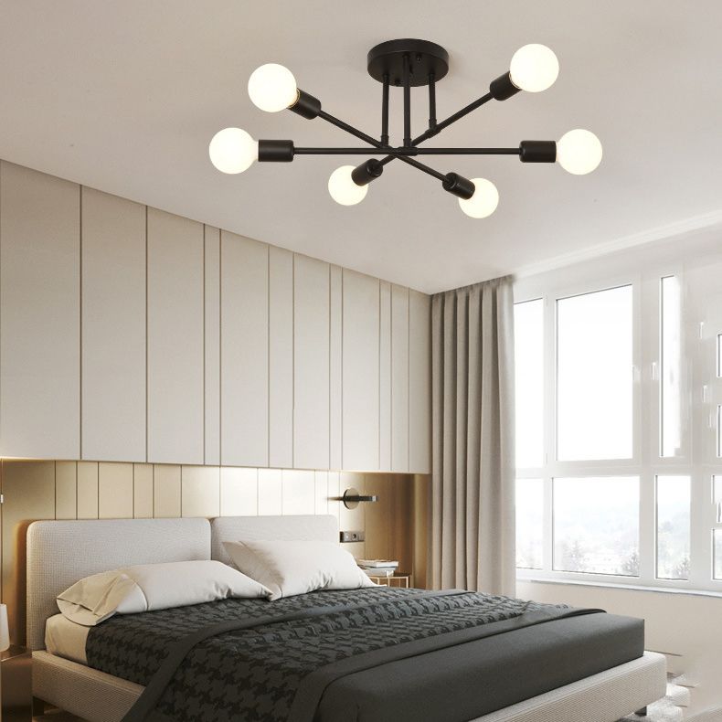 27.5" Wide Crossed Ironwork Ceiling Pendant Light Industrial Style 6-Lights Bare Bulb Semi Flush Mount Lamp for Dining Room