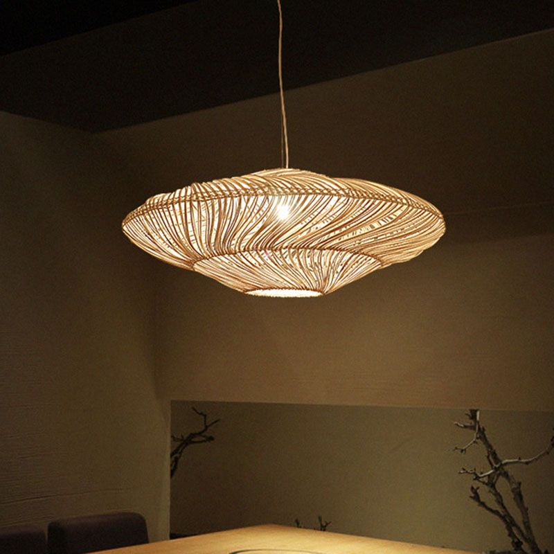 Creative Asian Flying Saucer Ceiling Light Rattan 1 Head Dining Room Suspension Pendant