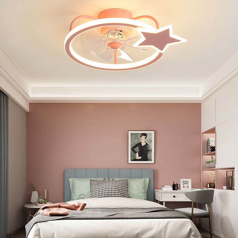 Pink Circular Ceiling Fan Lighting Cartoon Acrylic LED Semi Flush Mount Fixture for Kids Room