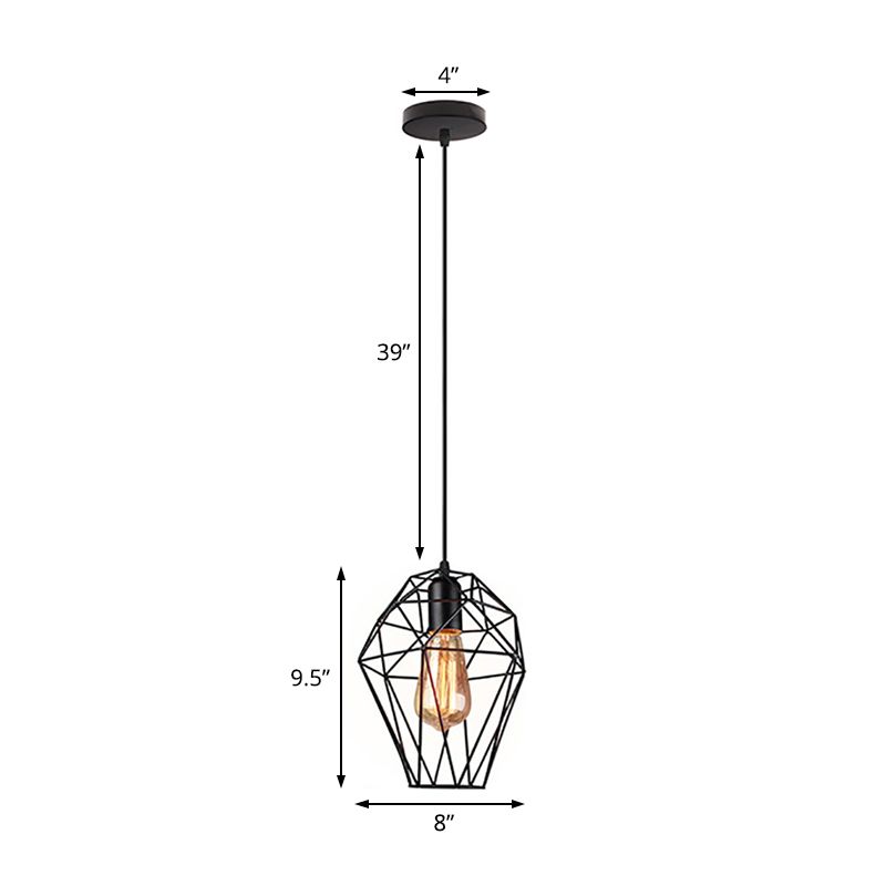 1 Head Wire Cage Ceiling Pendant Light Industrial Black Metallic Ceiling Fixture with Geometric Shade