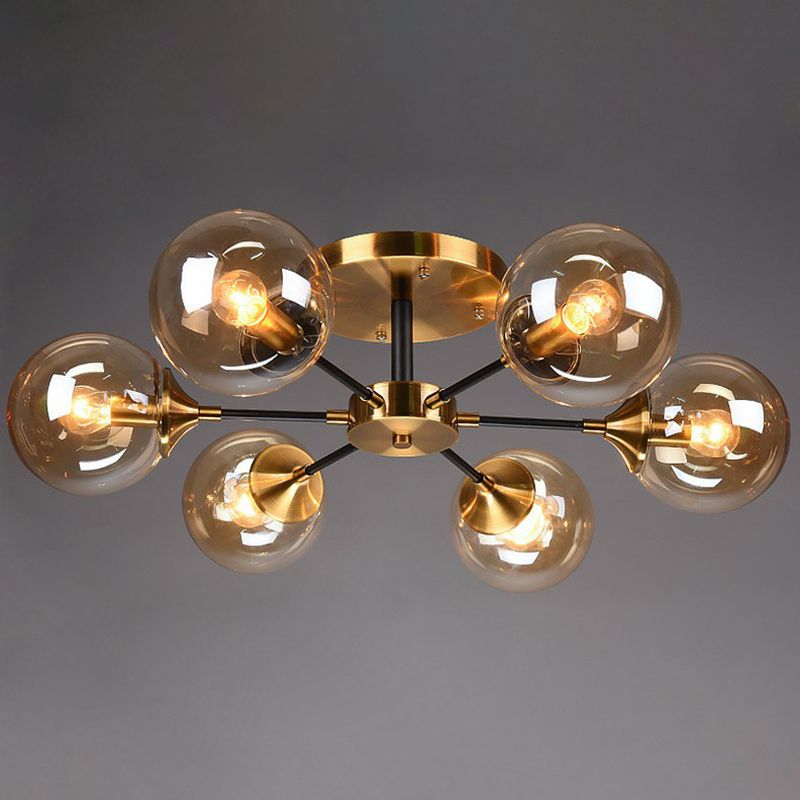Black and Brass Radial Flush Mount Lighting Postmodern Metal Semi Flush Ceiling Light with Ball Glass Shade