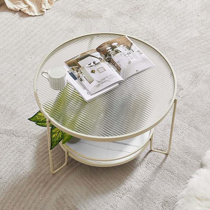 Contemporary Round Coffee Table with Glass Top and Stone Shelf