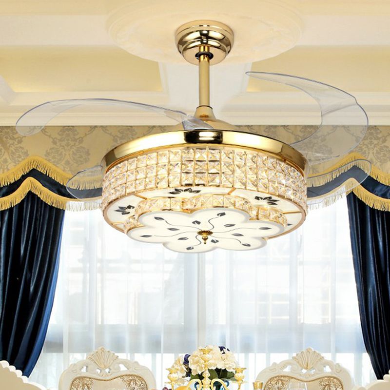 Crystal Floral Crystal Plafond Lampe à la lampe en or moderne Finition en or LED Semi Flush Light avec 4 lames transparentes
