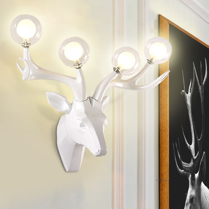 Sika Deer Living Room Wall Lamp Classic Style Resin 4 Heads Black/White/Blue Wall Sconce Light with Orb Clear Crystal Shade