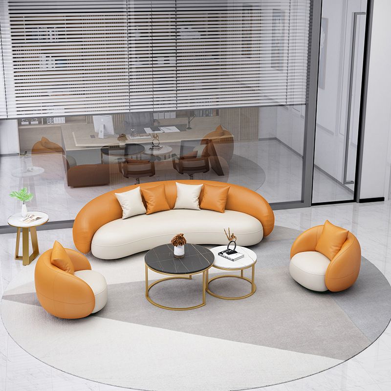 Contemporary Orange and White Curved Sofa in Leather with Sloped Arms