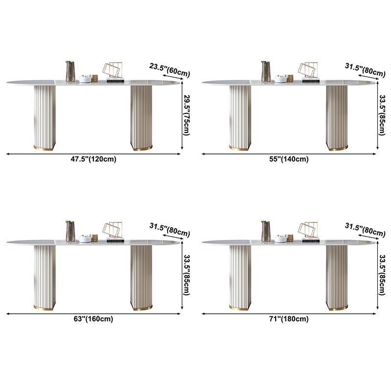 Traditionele luxe ovale eettafel gesinterde stenen tafel met witte dubbele voetstuk
