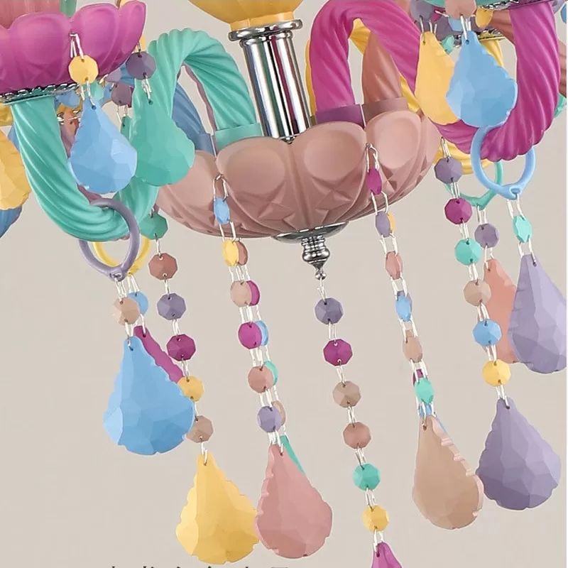 Kids Candle Pendant Light with Crystal Glass 6 Lights Multi-Color Chandelier for Child Bedroom