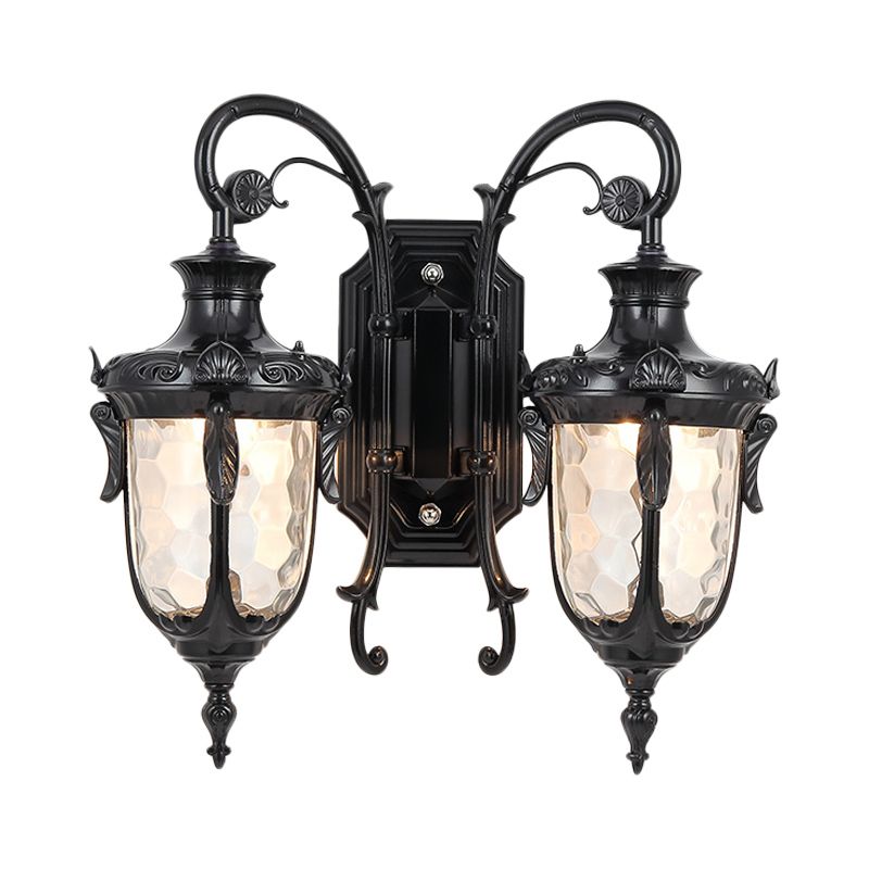 IJzeren zwart/bronzen wandgemonteerd licht gescrolde arm 2 lichten boerderijstijl SCONCE LAMP met heldere kuiltjes glazen schaduw