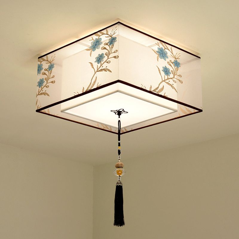 White Geometric Flush Mount in Traditional Concise Style Wrought Iron Ceiling Light with Fabric Shade