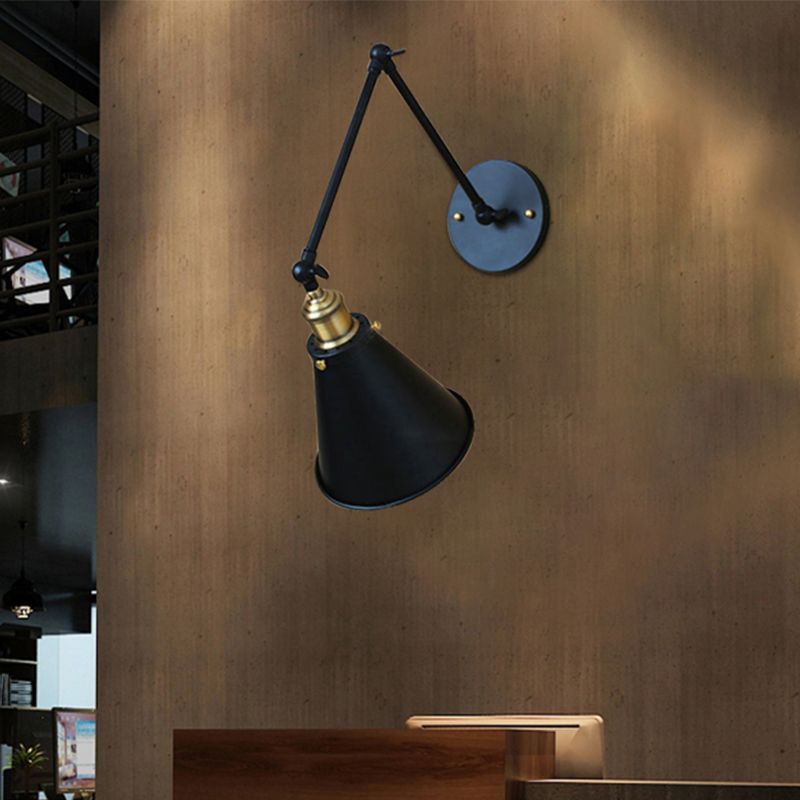 Swing Arm Indoor Wall Lighting with Conic Shade Retro Metal 1 Light Black Wall Mount Light