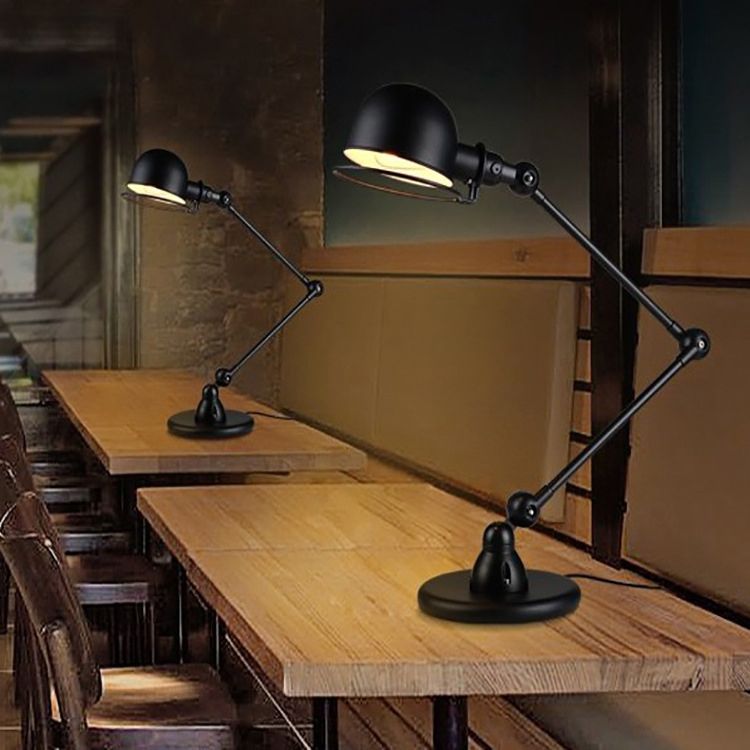 Iluminación de mesa de hierro de 1 bombilla Lámpara de escritorio de restaurante con brazo negro de acabado negro con cúpula y tono de anillo