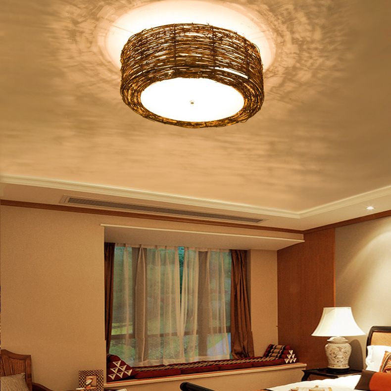 Rattan Rustic Flush Mount Ceiling Light Fixtures 1 Light Drum Flush Ceiling Light Fixture for Bedroom