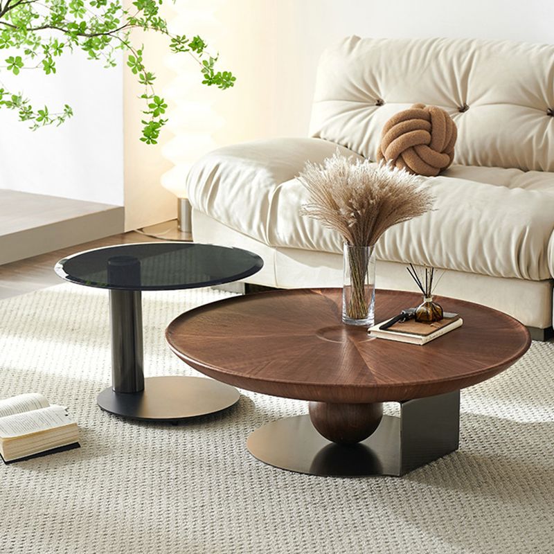 Mid-Century Modern Round Wood/Glass Coffee Table Metal Base Accent Table