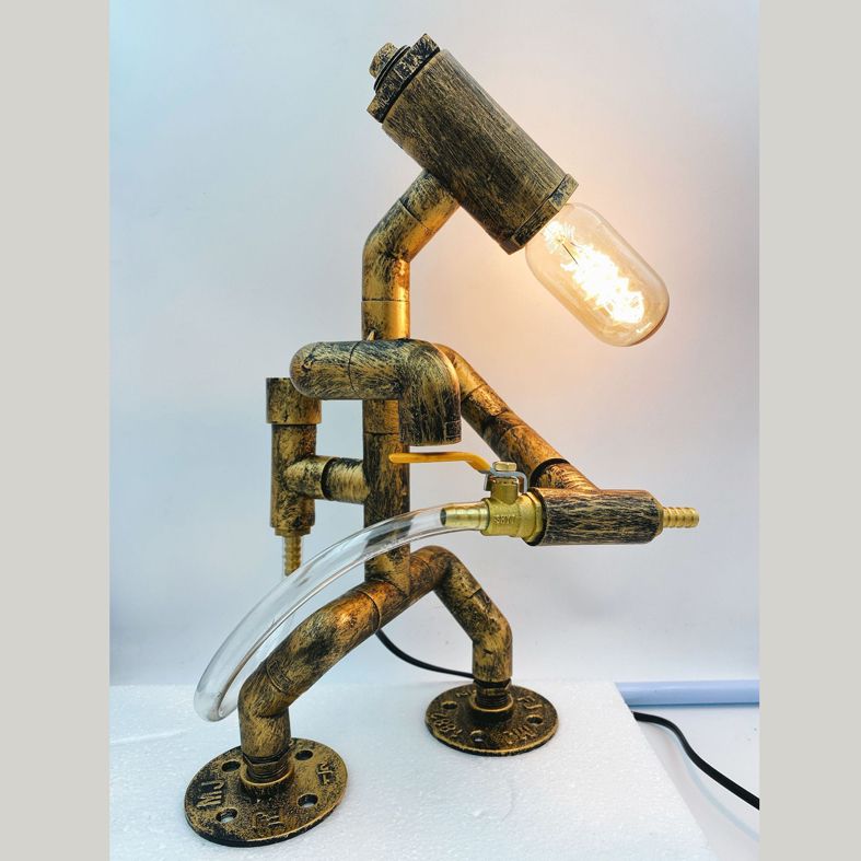 1-Light Wrought Iron Table Lamp Industrial Antiqued Brass Piping Bedroom Night Light
