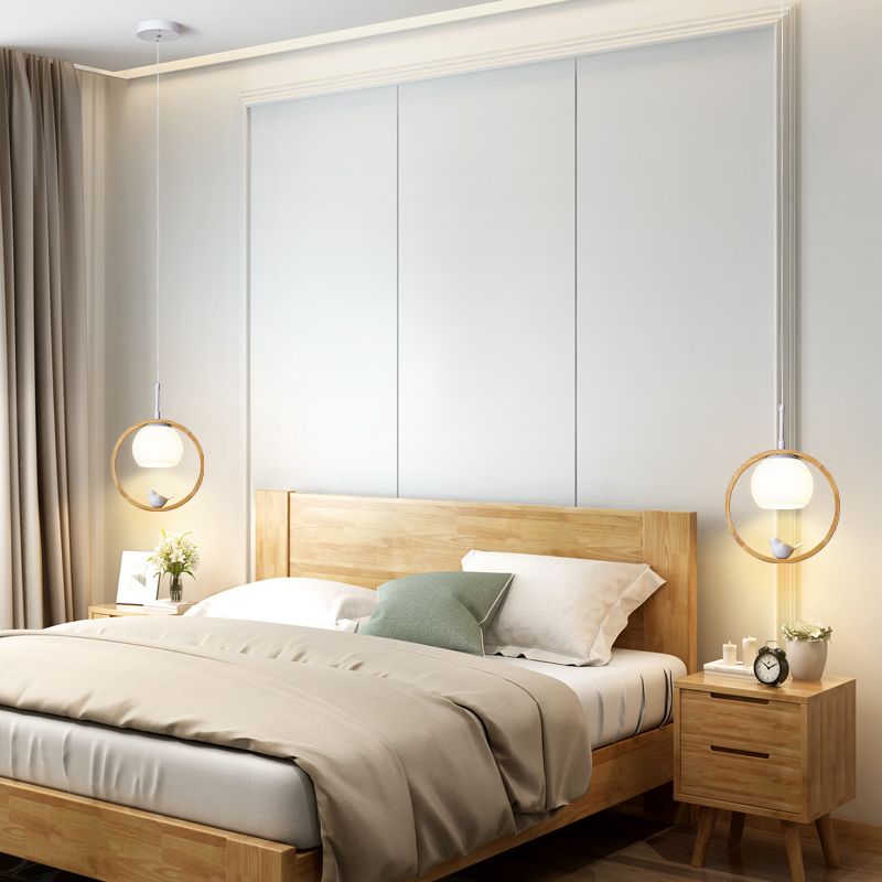 Moderne artistieke single hanging lamp houten bol hanglamp met witte glazen schaduw