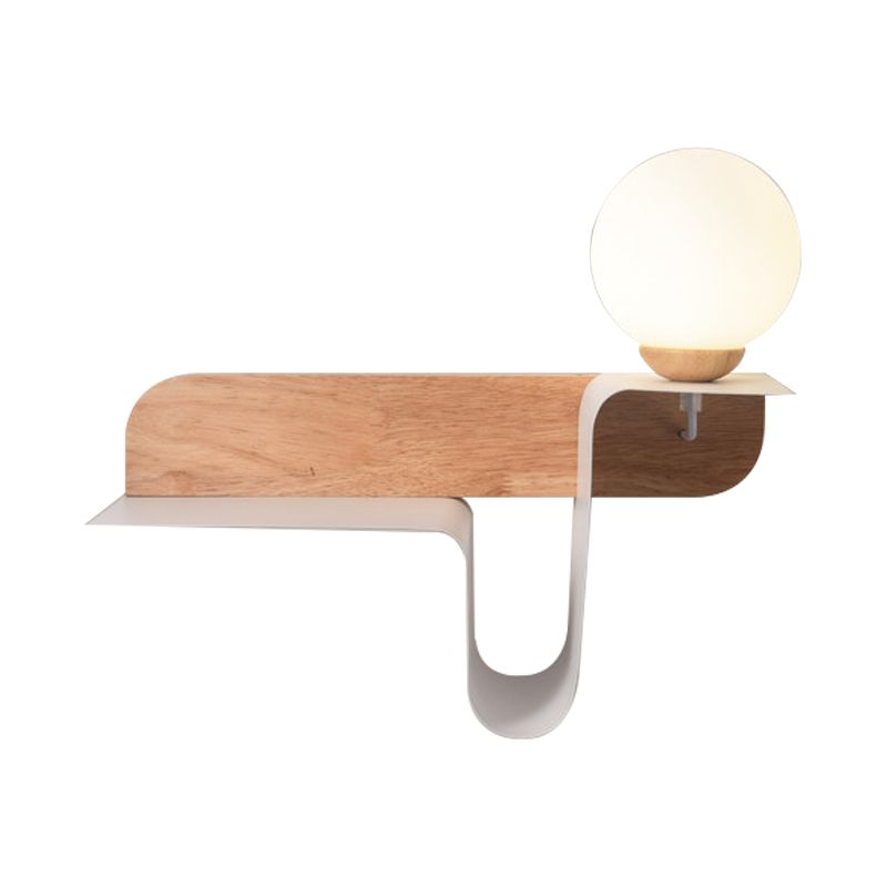 Orb Opal Frosted Glass Sconce Ideas Nordic 1 Bulb White-Wood Wall Mounted Lamp with Shelf, Left/Right