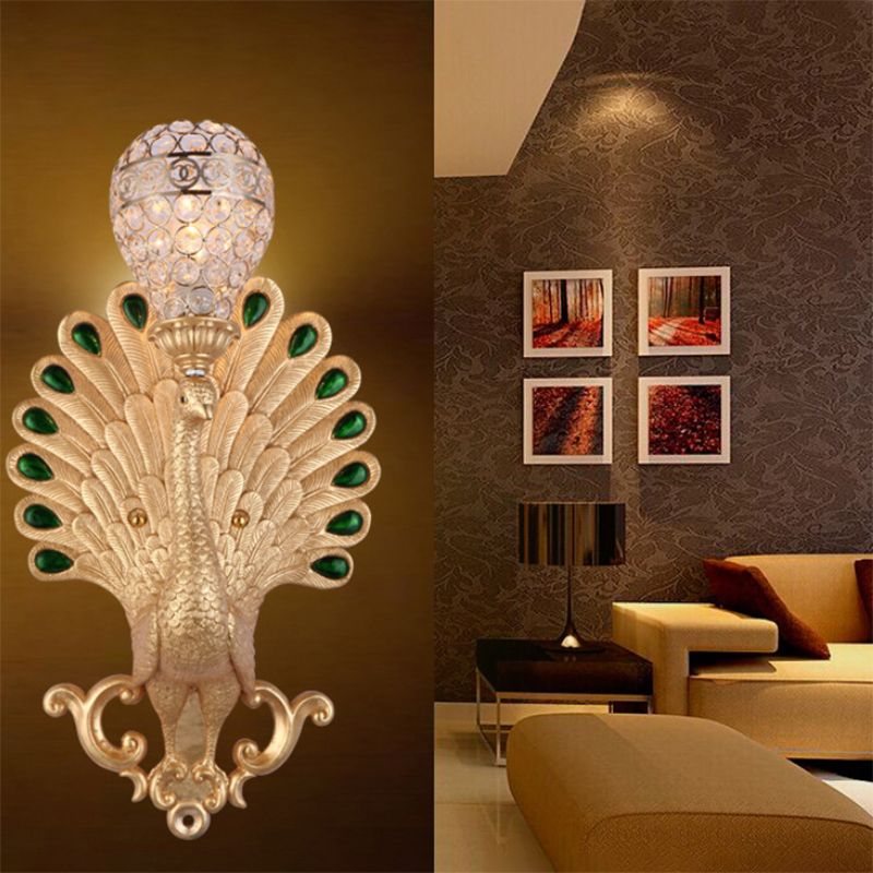 Golden Peacock Wall Lightture Motorst Resin 1 Light Mur Murce Wall avec Crystal Bowl Shade For Bedside