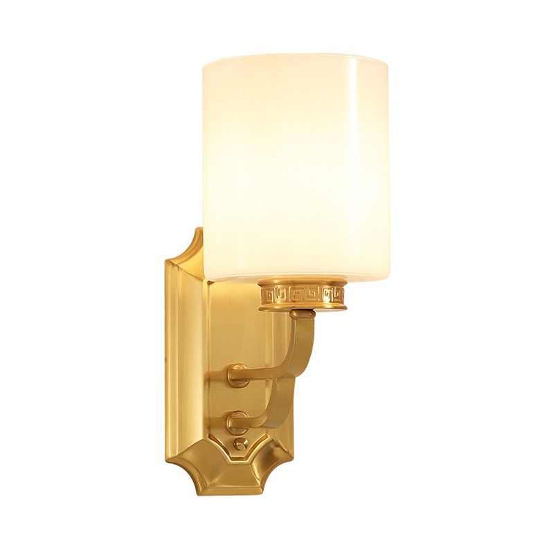 Drum Opal Glass Wall Mount Lighting Modern Stylish 1 Light Living Room Wall Sconce Fixture in Brass