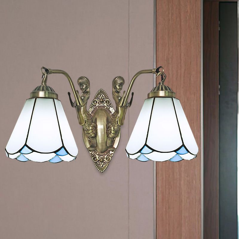 Mission Conic Wall Mount Lamp 2 Heads White/Beige Glass Sconce Light Fixture with Double Mermaid Arm