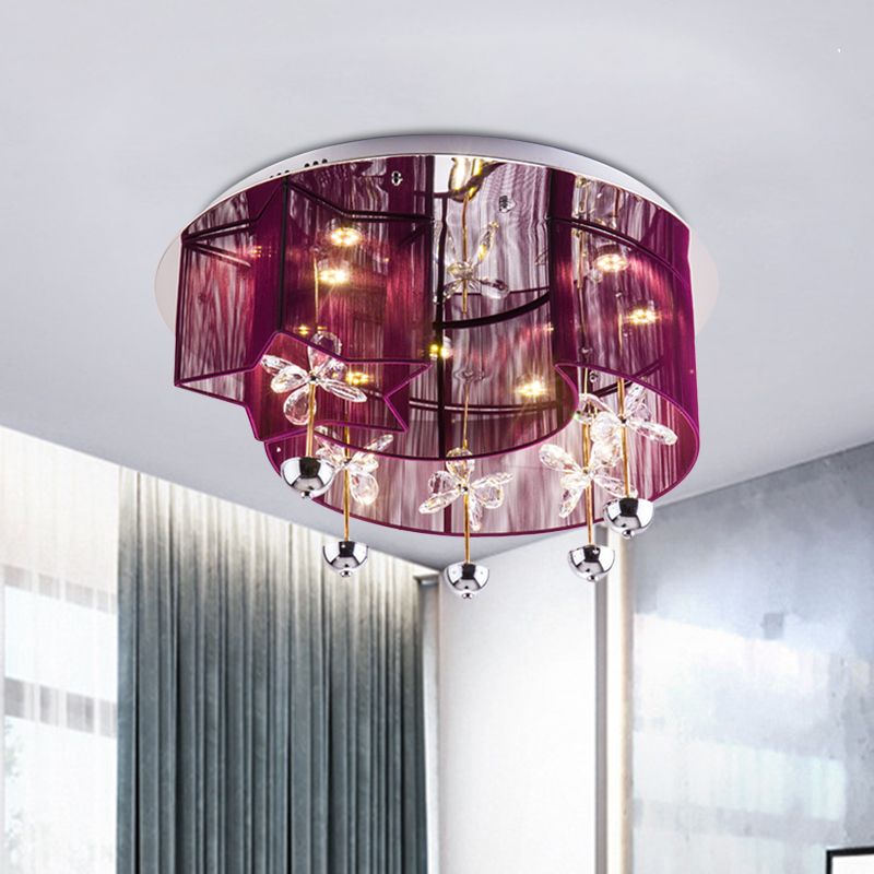 Fabric Red/Silver Ceiling Mount Light Crescent and Star Modern LED Flushmount with Crystal Decor