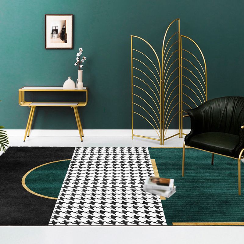 Green Living Room Rug Modernism Geometric and Houndstooth Pattern Rug Polyester Washable Anti-Slip Backing Pet Friendly Carpet