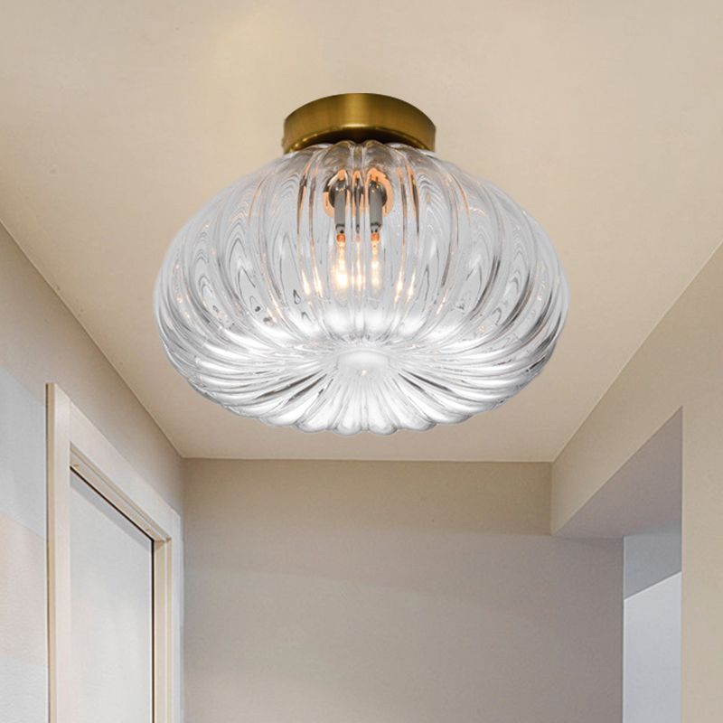 Plafonnier LED à tête unique en verre nervuré transparent/ambre à montage sphéroïde moderniste, 5,5"/11" de largeur
