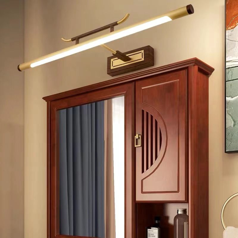 Brass Straight Mirror Light Chinese Style Single Light Wall Lamp for Bathroom