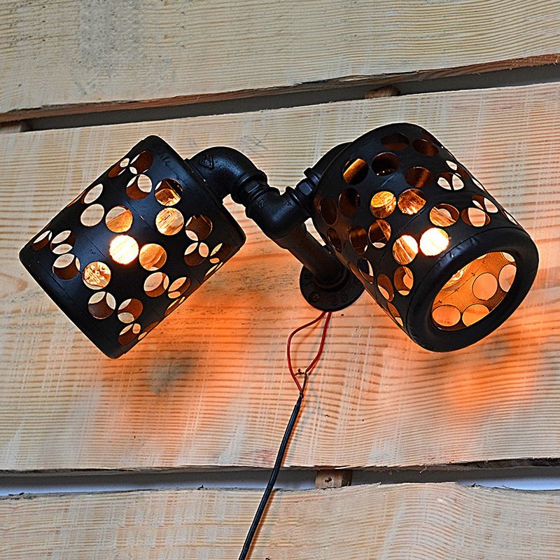 Cylinder Outdoor Wall Lighting Antiqued Iron 2 Heads Black Finish Wall Mount Sconce with Hollow Out Design